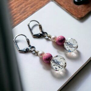 Czech Crystal, River Rock, and Pearl Earrings